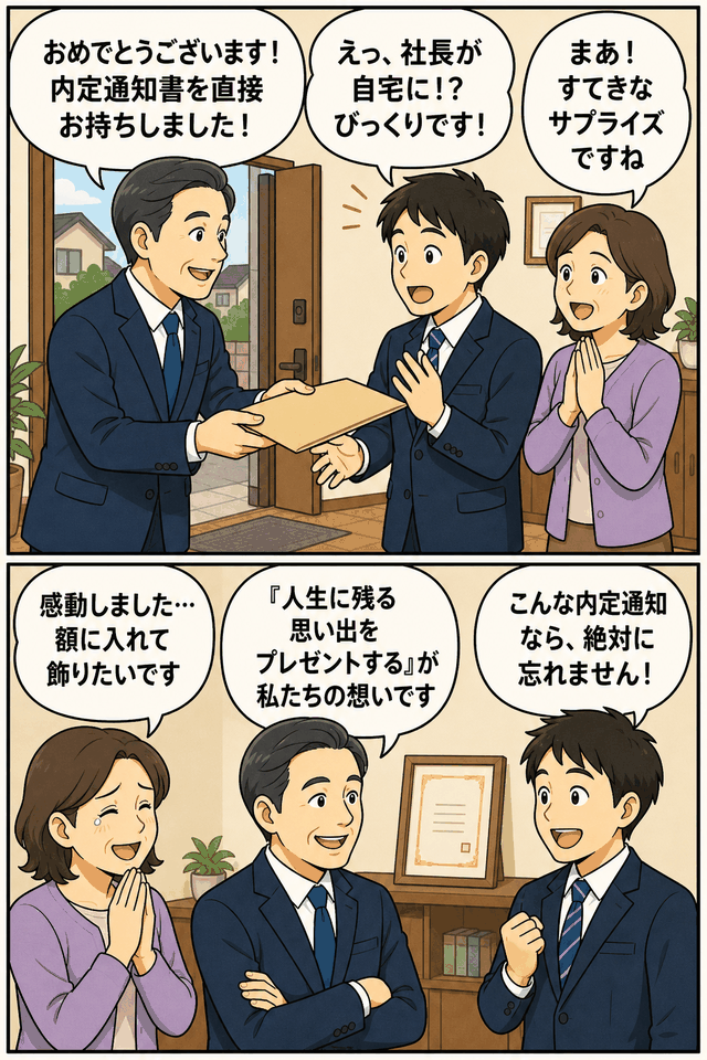 旅行会社の社長が内定者の自宅を突然訪問し、内定通知書を手渡す内定サプライズの漫画イラスト