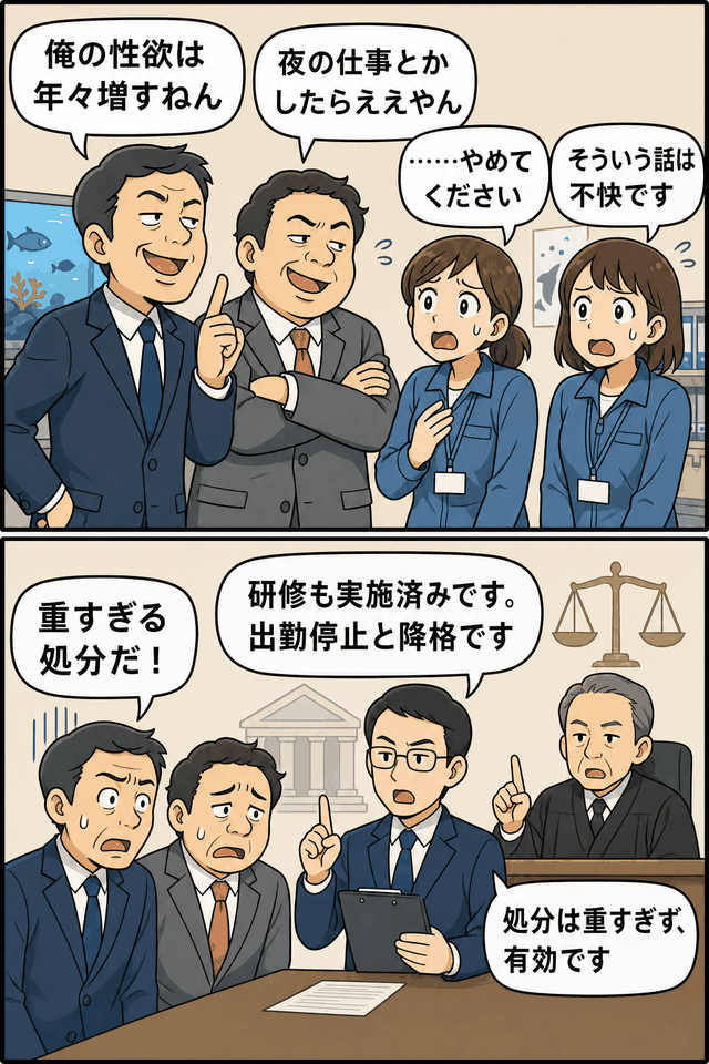 水族館の男性管理職が女性派遣社員にセクハラ発言をし、会社の出勤停止・降格処分の有効性が最高裁で争われた事案を描いた漫画