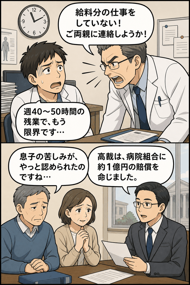 週40〜50時間の残業と上司医師のパワハラに苦しむ男性勤務医の自殺をめぐり、両親が病院側への賠償を認められた控訴審判決の漫画