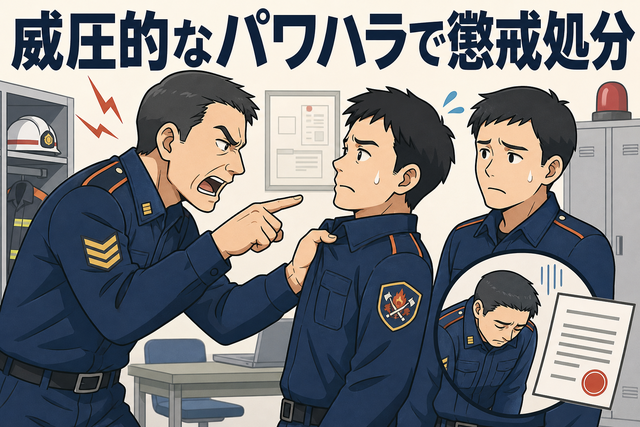 消防士長が部下に威圧的な言動や胸ぐらをつかむパワハラを行い、減給6か月の懲戒処分を受けたことを示すイラスト