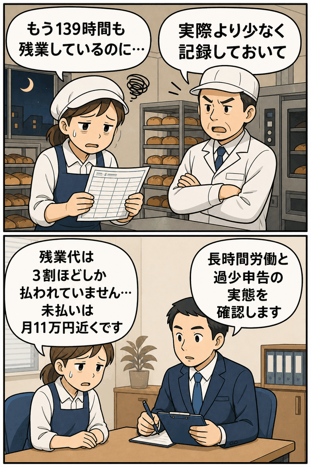 パン工場でパート従業員が月139時間の残業と過少申告を求められ、労基署が長時間労働と残業代未払いの実態を確認する漫画イラスト