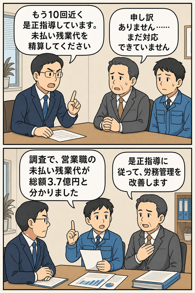 大田労基署が作業服レンタル会社に未払い残業代の精算を求め、営業職の割増賃金3.7億円不払いが判明した事例の漫画