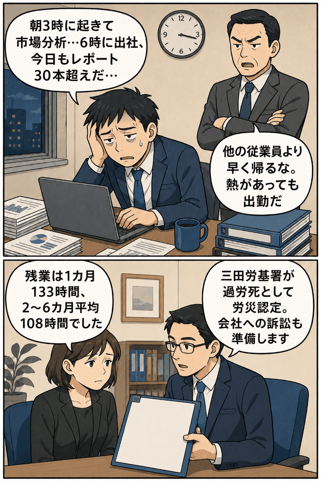 裁量労働制で早朝から市場分析レポートを作成し、月100時間超の残業後に心疾患で死亡した社員の過労死労災認定を解説する漫画