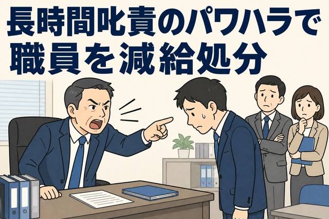 市役所の課長級職員が部下を長時間大声で叱責し、パワハラにより減給処分を受けた事例を表すイラスト