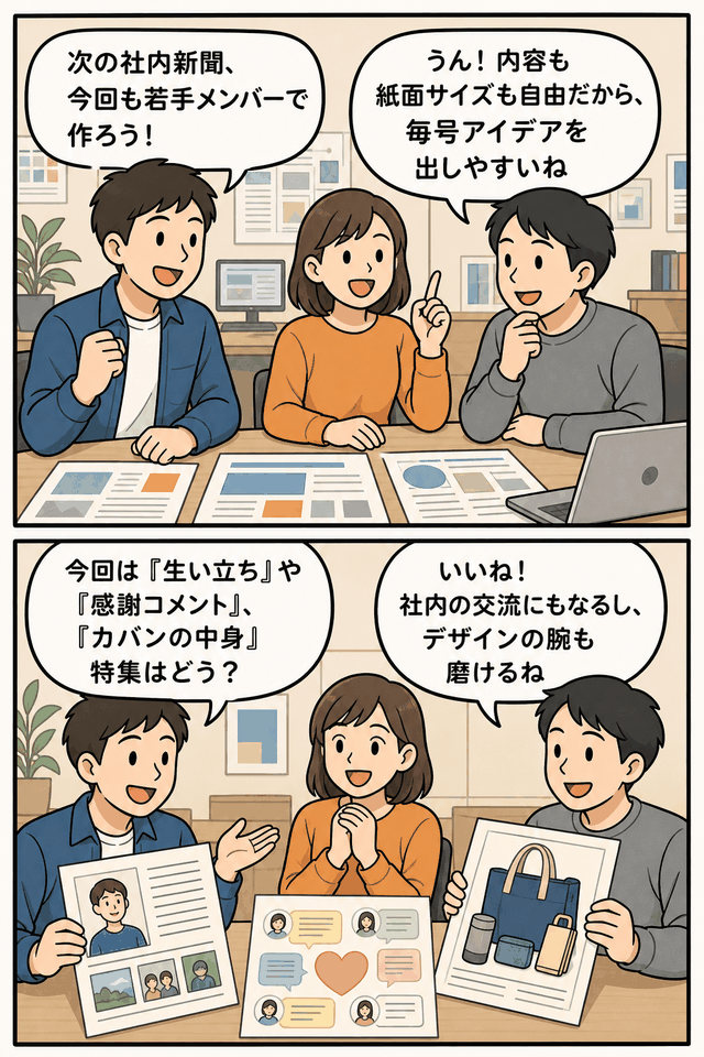 若手社員が自由な企画で社内新聞を制作し、生い立ち紹介や感謝コメント、カバンの中身特集を話し合う様子
