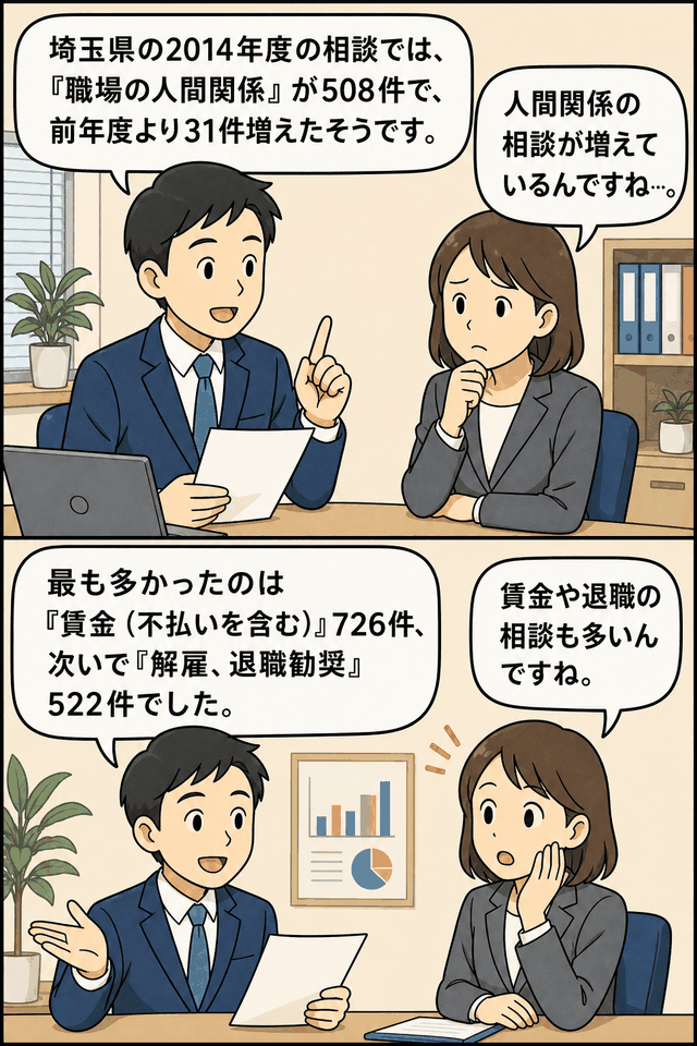 埼玉県の2014年度労働相談で職場の人間関係が508件に増加し、賃金や解雇・退職勧奨の相談も多かったことを説明する漫画