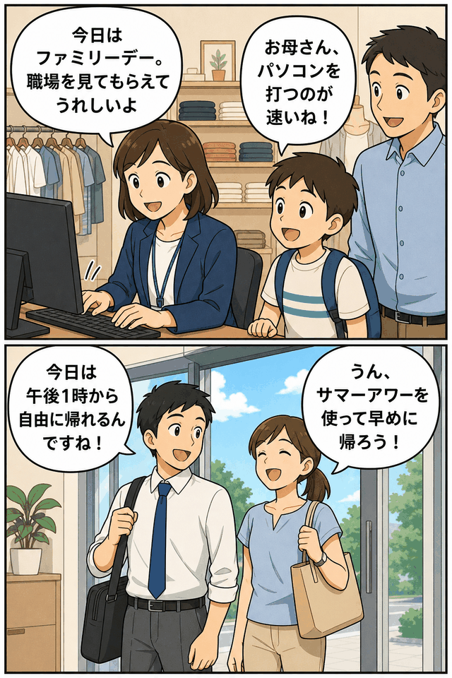 衣料品販売会社のファミリーデーで家族が職場見学をし、サマーアワーで社員が午後1時以降に早めに退勤する漫画風イラスト