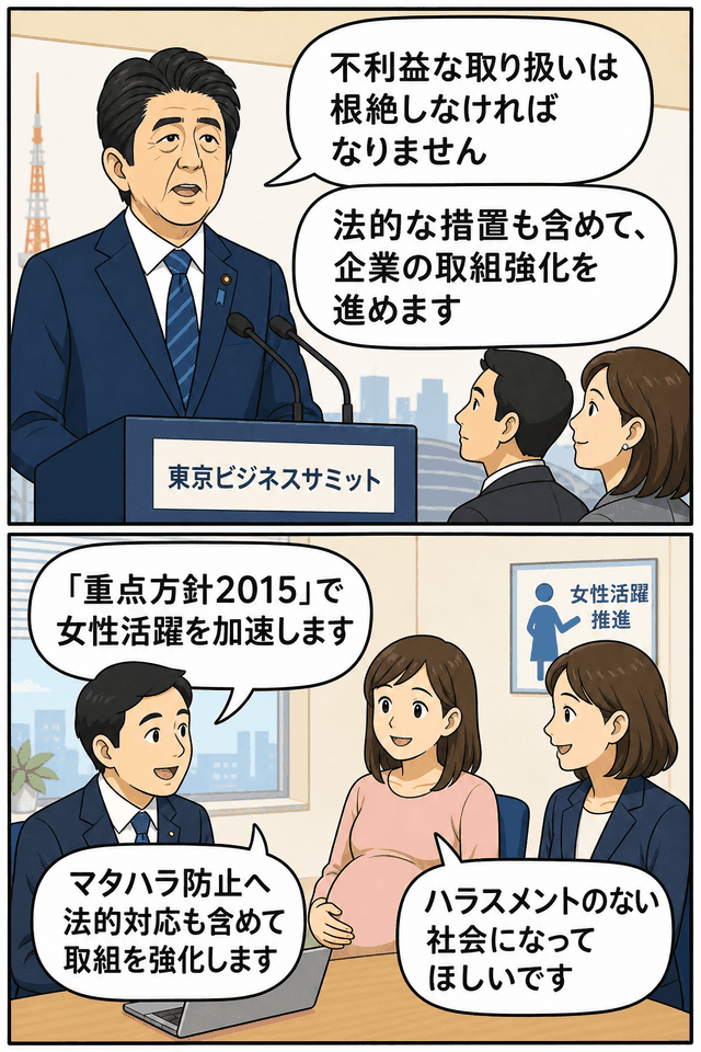 安倍首相が東京ビジネスサミットでマタハラ根絶と女性活躍推進を訴え、法的措置を含む企業の取り組み強化を説明する漫画風イラスト