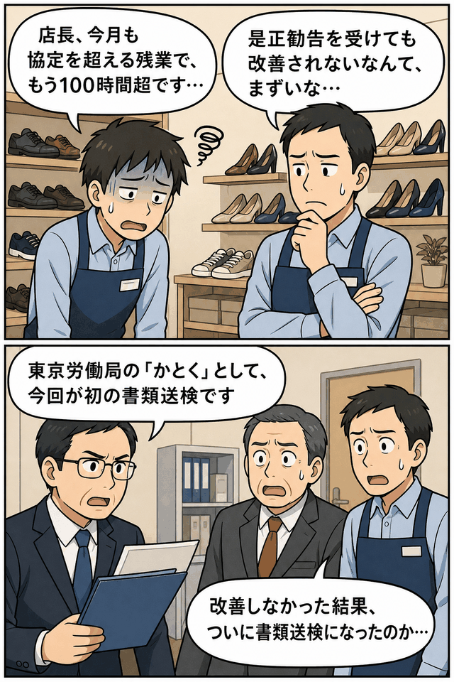 靴販売店で月100時間超の違法残業が続き、東京労働局のかとくが初の書類送検を行った事例