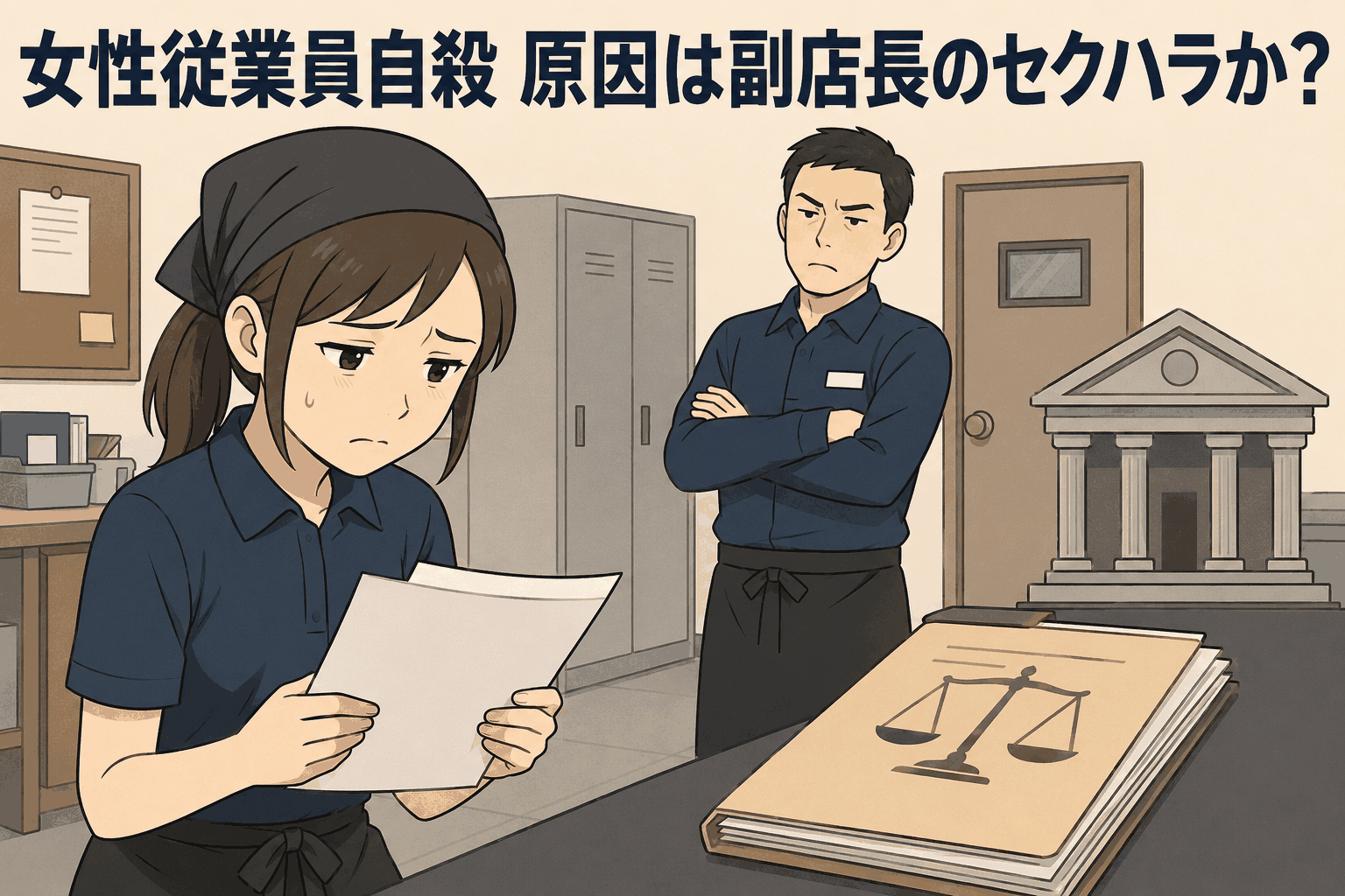 飲食チェーン店舗で女性従業員が書類を見て悩み、背後に副店長らしき男性が立つイラスト。セクハラやパワハラ、自殺をめぐる損害賠償裁判を表現。