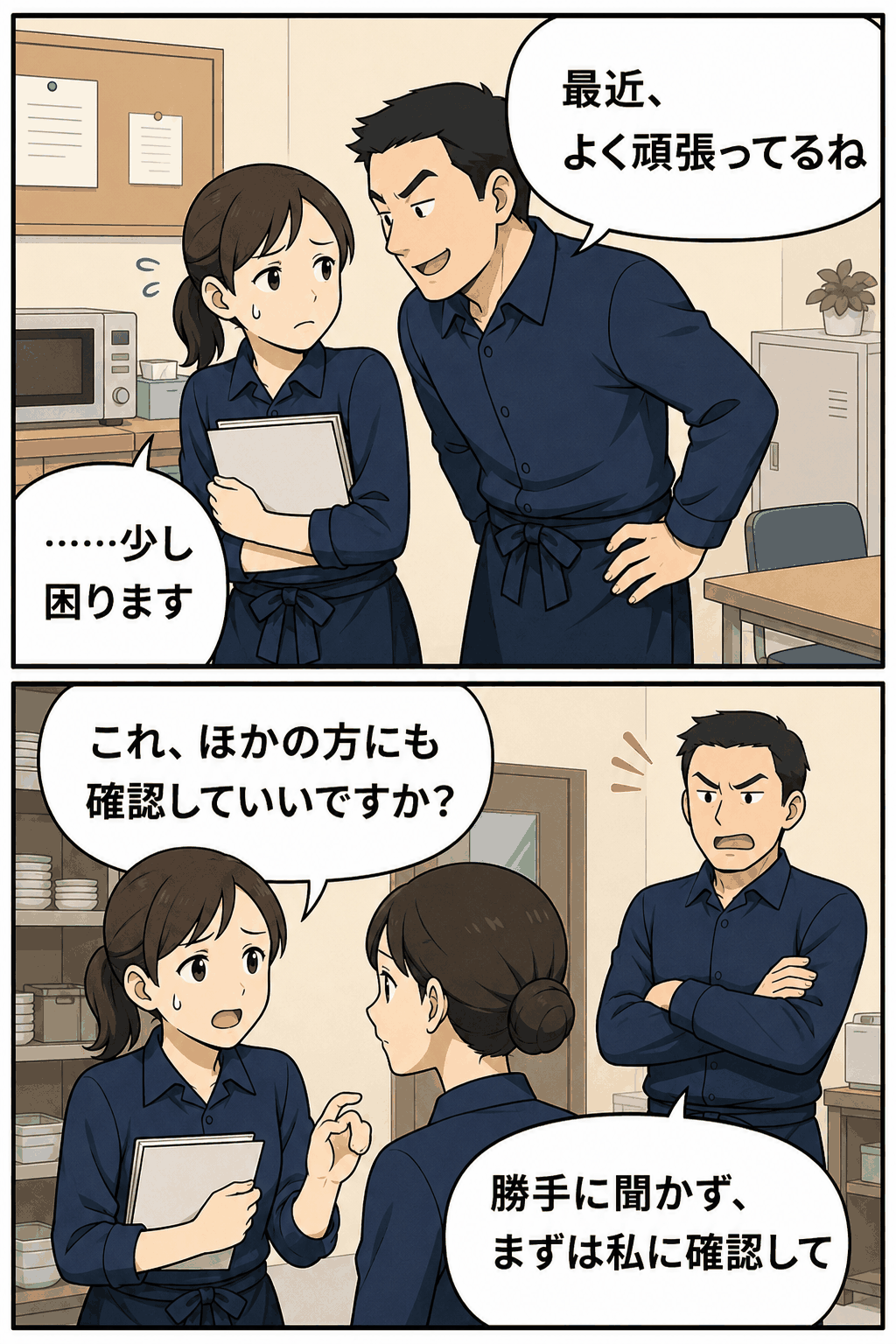 飲食チェーンの休憩室で、女性従業員が副店長から接近され困惑し、別の従業員へ確認しようとして叱責される漫画。職場のセクハラやパワハラを表現。