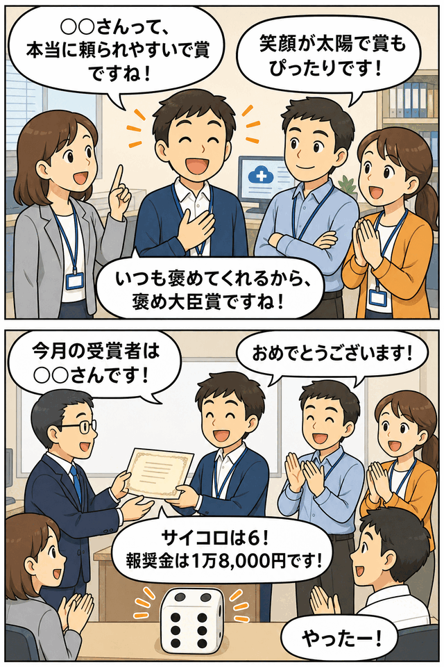 医療IT企業の社内表彰制度で、頼られやすさ・笑顔・褒める力など社員の人間力を称え、表彰状とサイコロ報奨金で受賞を祝う漫画イラスト