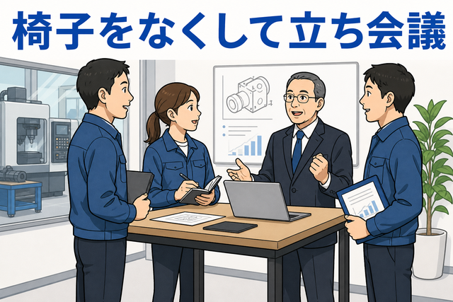 椅子をなくして立ち会議を行う精密機械器具製造会社の社員と社長