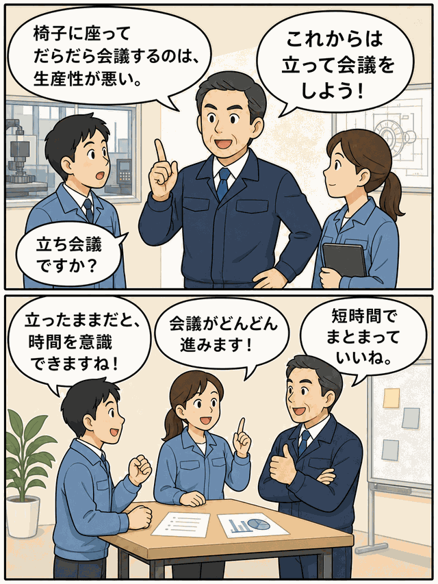 椅子に座る会議をやめて立ち会議を始める精密機械器具製造会社の社長と社員