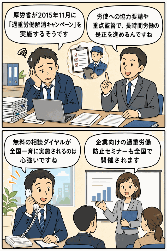 厚生労働省が2015年11月に実施する過重労働解消キャンペーンの内容を、重点監督・無料相談ダイヤル・企業向けセミナーで説明する漫画イラスト