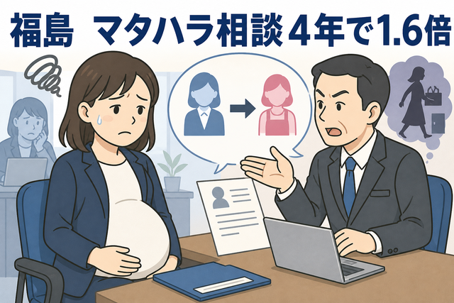 福島でマタハラ相談が4年で1.6倍に増加し、妊娠中の女性が労働局に相談する様子