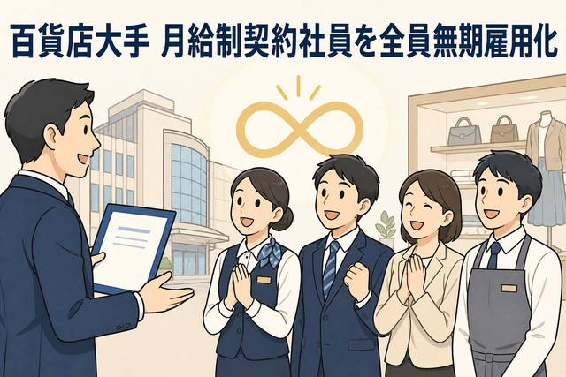 百貨店大手が月給制契約社員を全員無期雇用化するニュースを表したイラスト