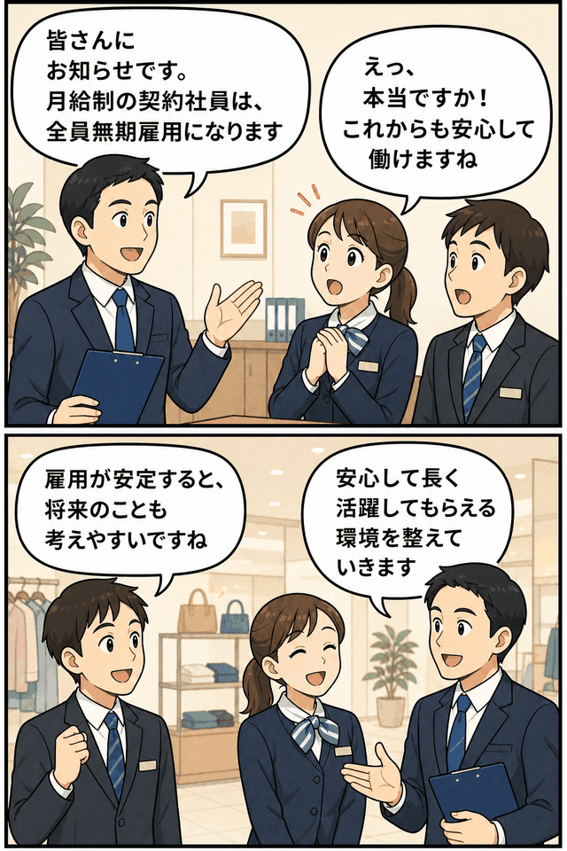 百貨店大手が月給制契約社員を全員無期雇用化し、社員が安心して働ける環境について話し合う漫画イラスト