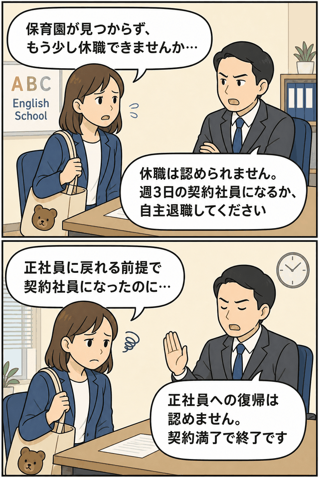 保育園が見つからず育休延長を希望した女性社員が、契約社員への転換や雇い止めを迫られるマタハラ事例の漫画