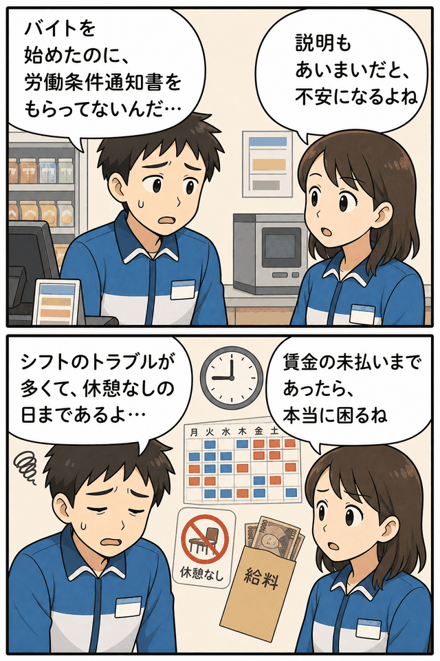 学生アルバイトが労働条件通知書の未交付やシフト、休憩なし、賃金未払いのトラブルについて相談する漫画