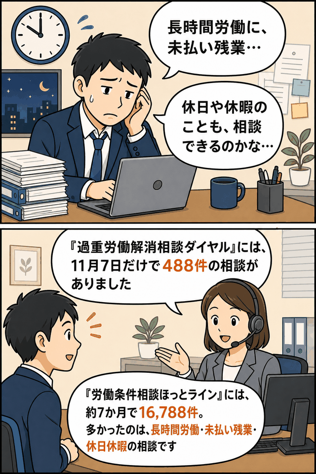 長時間労働や未払い残業、休日・休暇について悩む会社員が、厚生労働省の過重労働解消相談ダイヤルと労働条件相談ほっとラインで相談する漫画イラスト。