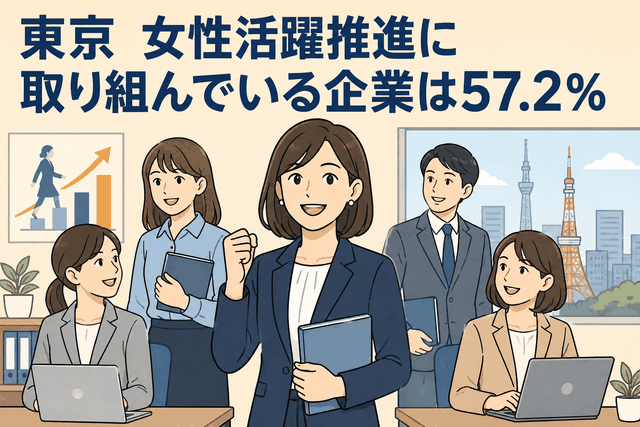 東京の企業における女性活躍推進の取組状況を示すイラスト。女性活躍推進に取り組む企業が57.2％であることを強調。