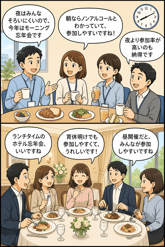 朝や昼に開催するノンアルコール忘年会について、社員が参加しやすさを話し合う漫画風イラスト