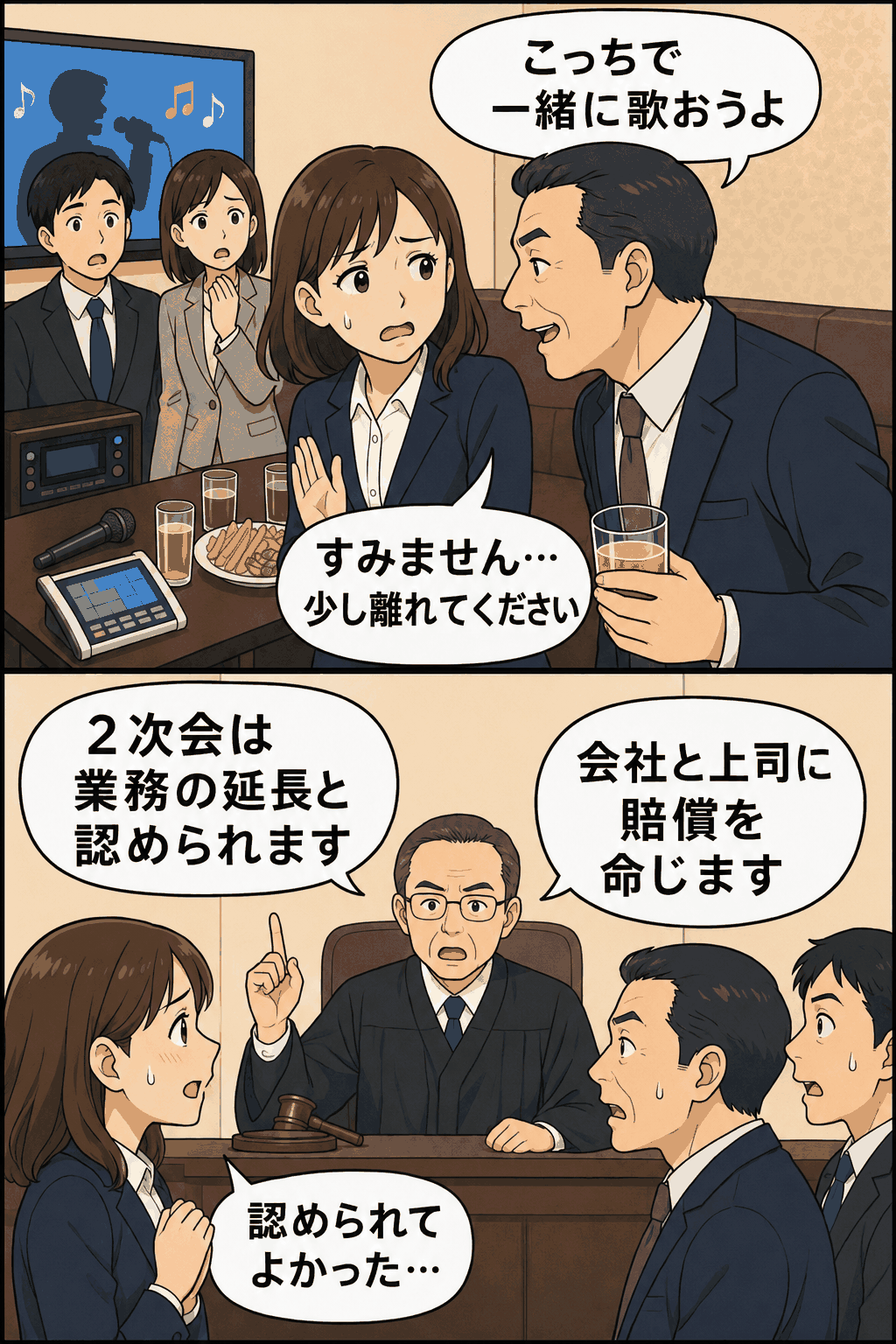 新入社員歓迎会の2次会で女性派遣社員が上司からセクハラを受け、福岡地裁が2次会を業務の延長と認定し会社にも賠償責任を認めた事例