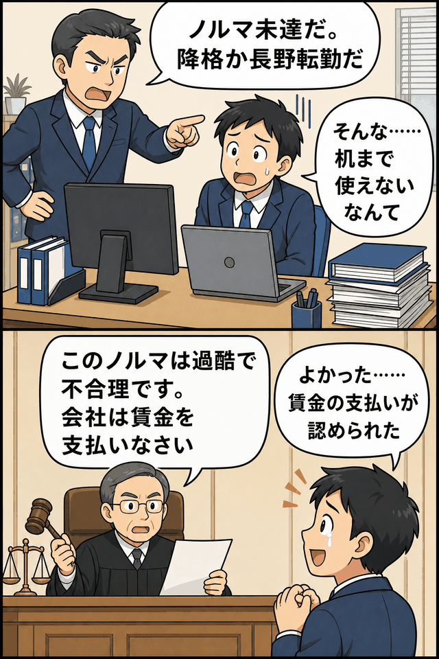 ノルマ未達成を理由に降格や長野転勤を迫られ、仕事ができない状況に追い込まれた社員について、裁判所が会社に賃金支払いを命じた事例の漫画画像