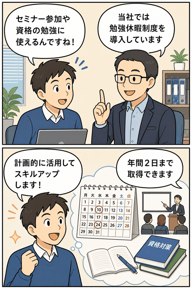 ITソリューション企業の勉強休暇制度を紹介する漫画。セミナー参加や資格勉強のために年間2日まで休暇を取得できることを説明している。