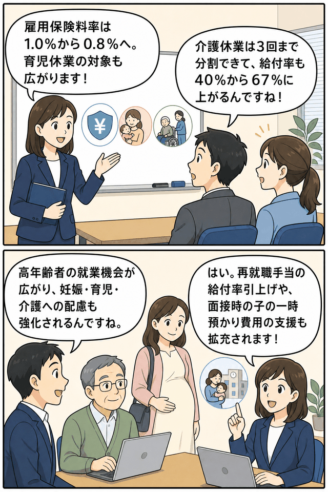 2016年雇用保険法等改正案の内容として、雇用保険料率の引き下げ、育児休業対象拡大、介護休業給付率引き上げ、高年齢者就業支援などを漫画形式で解説するイラスト