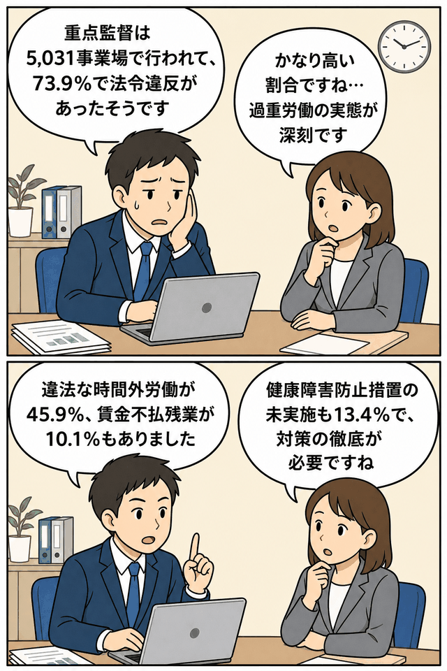 過重労働解消キャンペーンの重点監督結果を説明する漫画。5,031事業場のうち73.9％で法令違反があり、違法な時間外労働や賃金不払残業、健康障害防止措置の未実施について男女の担当者が会話している。