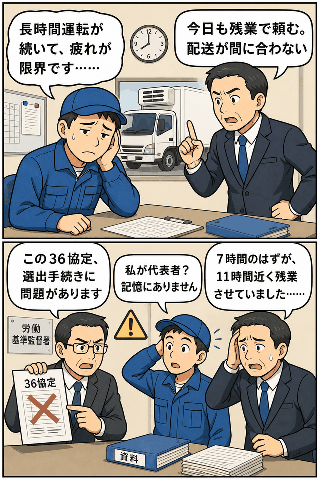 36協定の過半数代表者選出に問題があり、長時間運転や時間外労働の上限超過が労働基準監督署の調査で指摘される様子