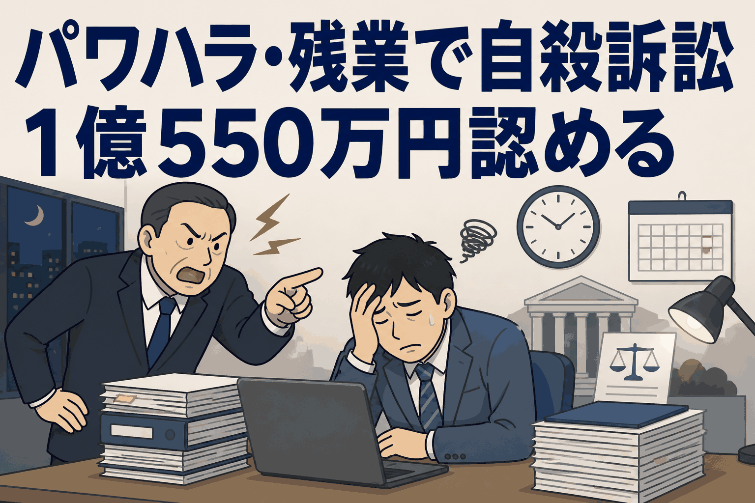 パワハラと長時間残業により社員が自殺し、遺族が会社と上司に1億550万円の損害賠償を求めた労災認定事案のイメージ