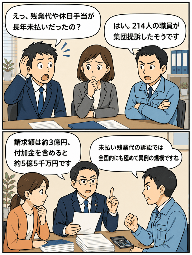 岡山県の農協で残業代や休日手当の長期未払いが問題となり、職員214人が約5億5千万円を求めて集団提訴した内容を解説する漫画画像