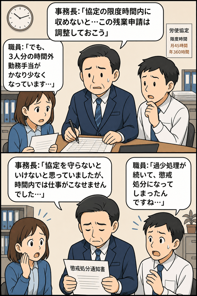 県立高校の事務長が労使協定の限度時間内に収めるため残業申請を調整し、時間外勤務手当の過少処理により懲戒処分を受けた事例を描いた漫画。