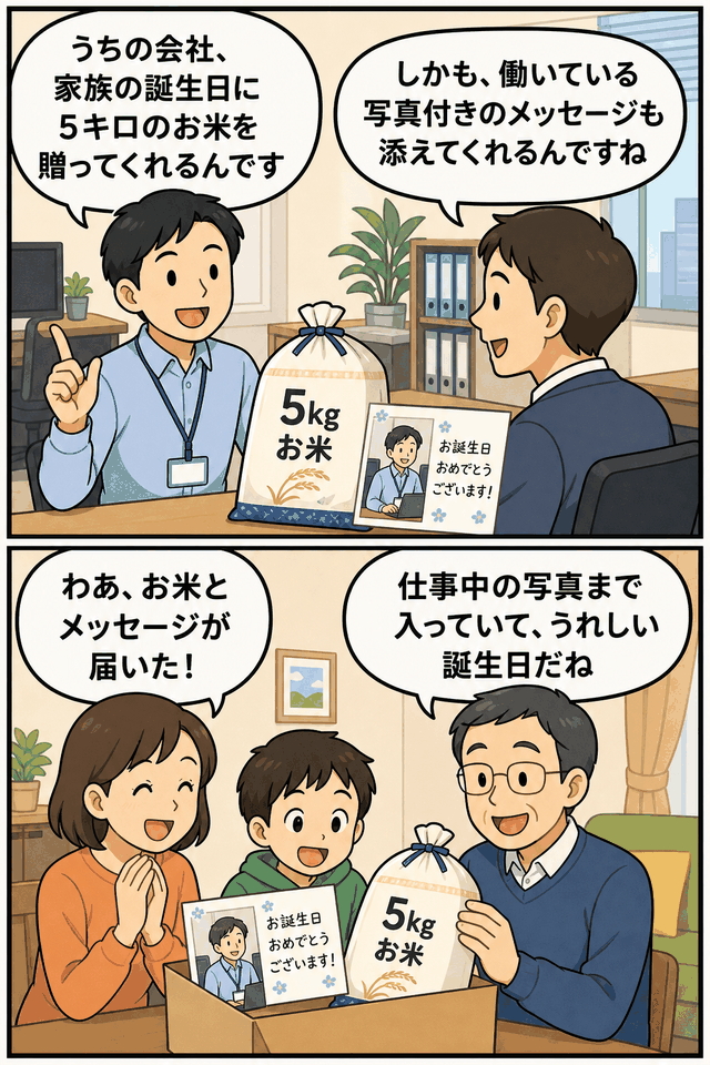 社員の家族の誕生日に5キロのお米と仕事中の写真付きメッセージカードが届く福利厚生制度を紹介する漫画画像