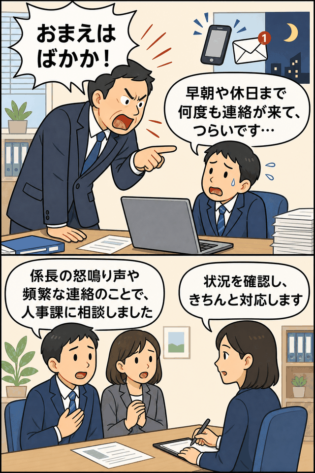 「おまえはばかか」と部下を怒鳴る係長と、早朝や休日の頻繁な連絡を人事課に相談する職員を描いたパワハラ事例の漫画
