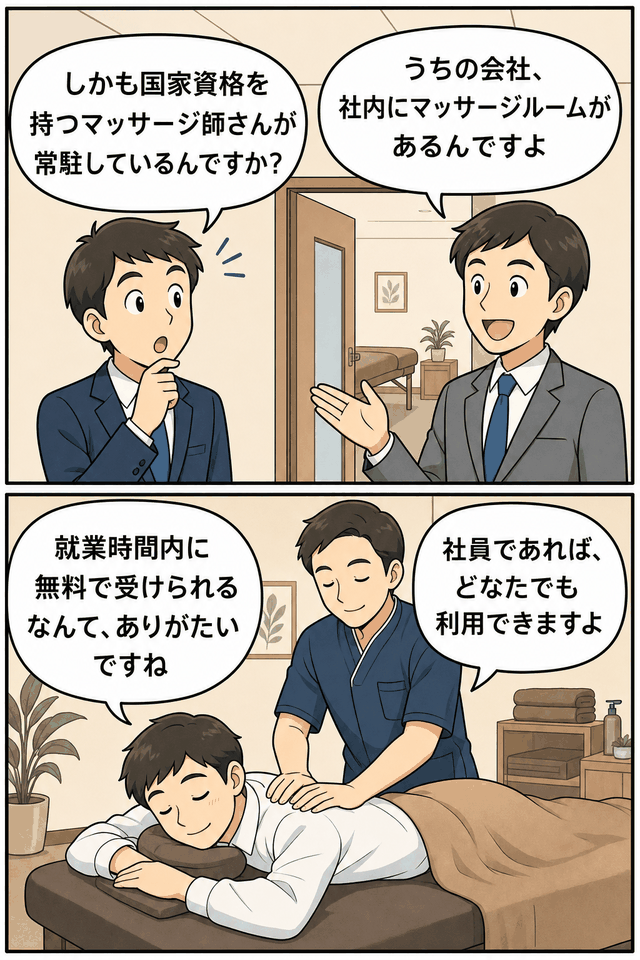 社内マッサージルームで国家資格を持つマッサージ師が常駐し、社員が就業時間内に無料で施術を受けられる制度を紹介する漫画