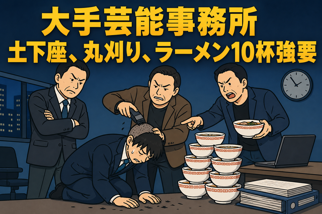 大手芸能事務所　土下座、丸刈り、ラーメン10杯強要