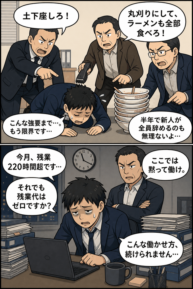 大手芸能事務所で社員が土下座、丸刈り、ラーメン強要、月220時間超の残業代未払いに苦しむパワハラ疑惑を描いた漫画イラスト