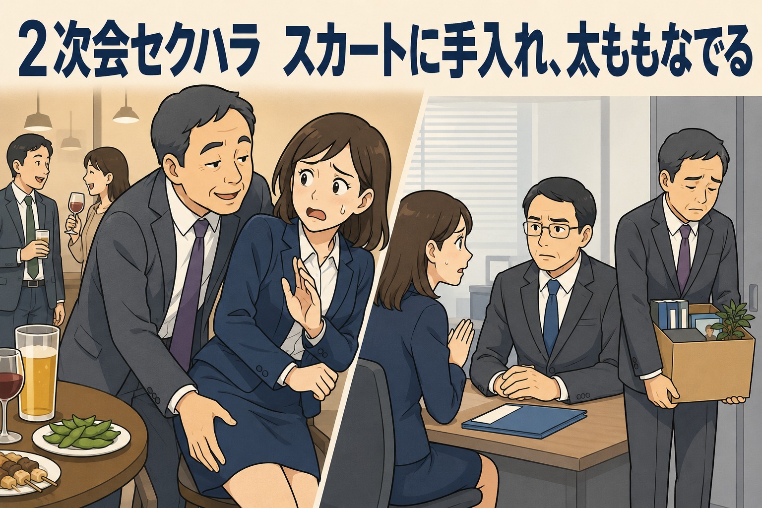職場の親睦会2次会で女性職員へのセクハラ行為が問題となり、男性職員が懲戒処分を受ける様子を描いたイラスト