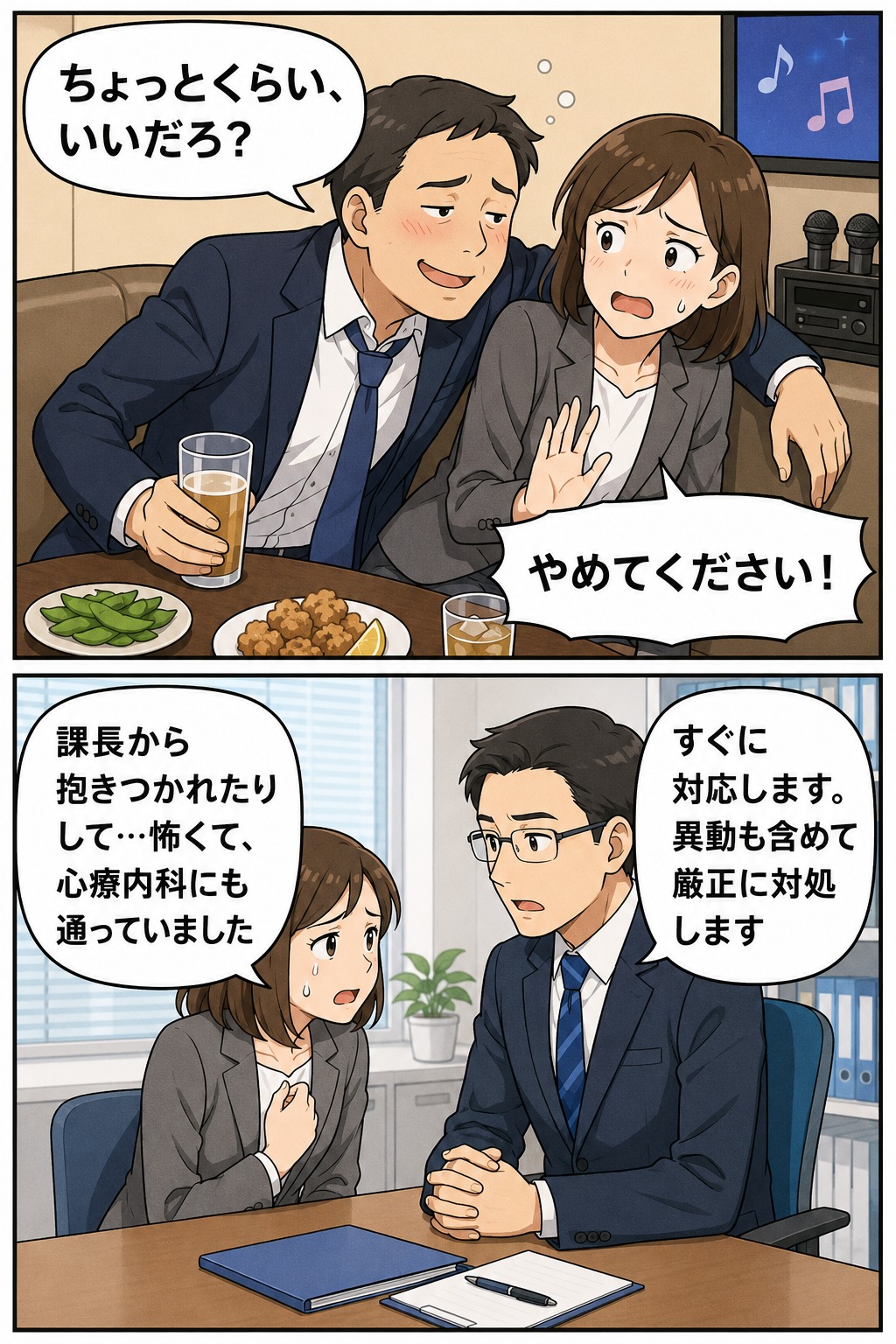 親睦会の2次会で課長級の男性職員からセクハラ被害を受けた女性職員が、上司に相談し懲戒処分につながる様子を描いた漫画風イラスト