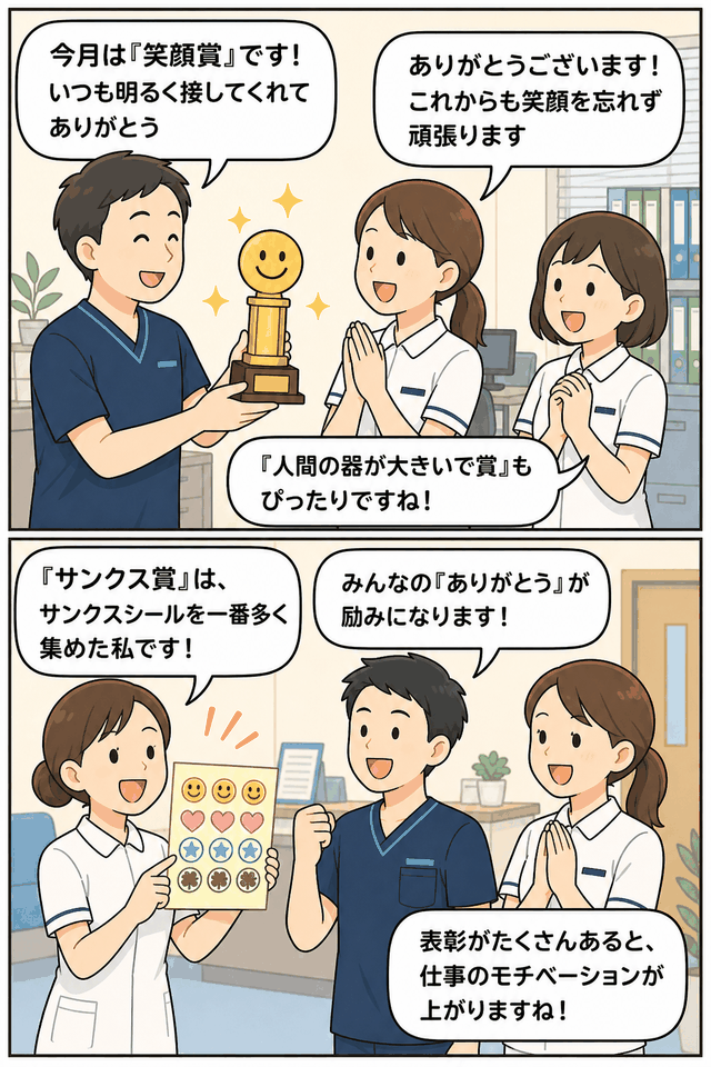 医療関係業務の会社で、笑顔賞・人間の器が大きいで賞・サンクス賞などの表彰制度を通じて社員の努力や感謝を称える漫画風イラスト