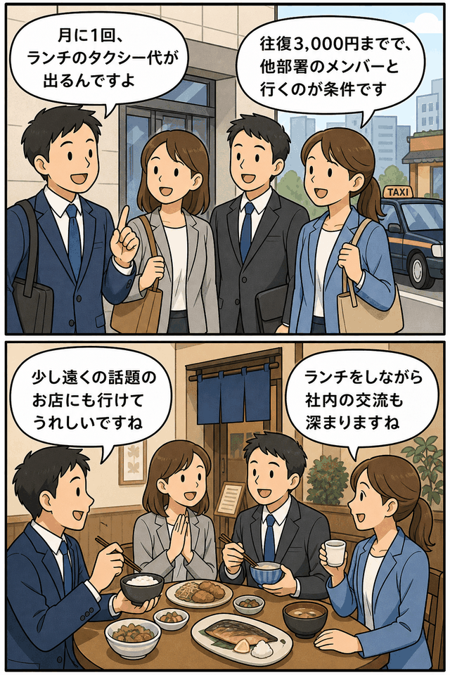 月1回のランチタクシー制度を活用し、他部署の社員同士が往復3,000円までのタクシー代支給で話題のお店へランチに行き、社内交流を深める漫画イラスト