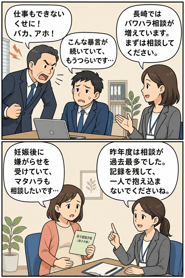 長崎労働局が公表した2015年度のパワハラ・いじめ嫌がらせ相談701件とマタハラ相談49件の増加を、相談場面で伝える漫画風イラスト