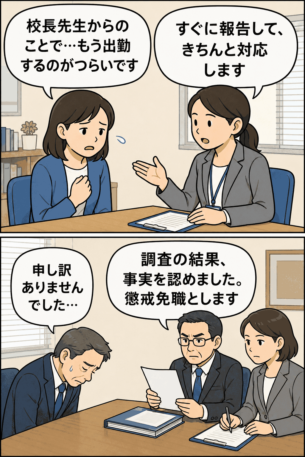 校長からのセクハラ被害を女性教諭が相談し、調査の結果、校長の懲戒免職が決まる流れを描いた漫画イラスト