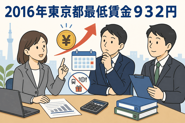 2016年10月1日から東京都最低賃金が25円引き上げられ、時間額932円に改正されたことを説明するビジネス向けイラスト