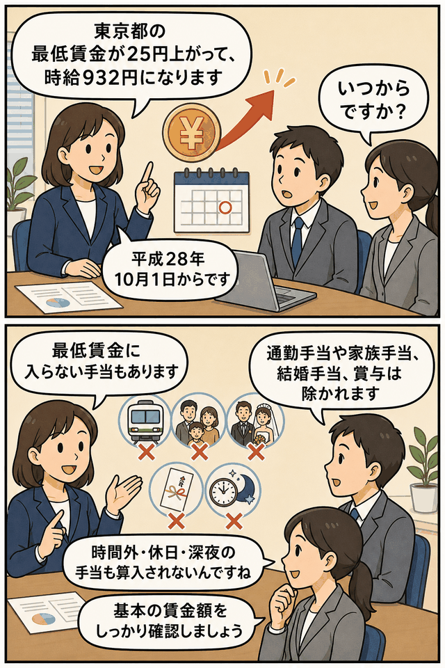 東京都最低賃金が25円引き上げられ時給932円となること、平成28年10月1日から適用されること、最低賃金に算入されない手当を説明する漫画イラスト