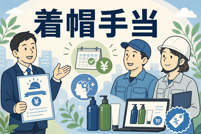 着帽手当の制度を説明するイラスト。帽子やヘルメットをかぶって働く社員に、頭皮ケアシャンプー購入を支援する社内サポート制度を紹介している。